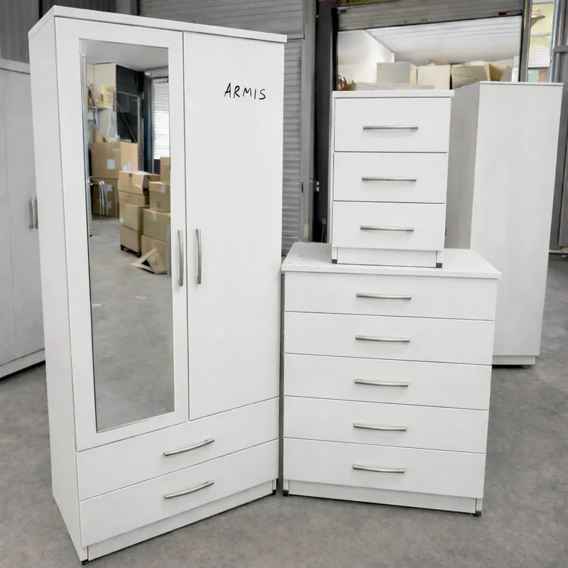 Classic 2 Door Wardrobe Bedroom Set – with Chest of Drawers & Bedside Cabinet