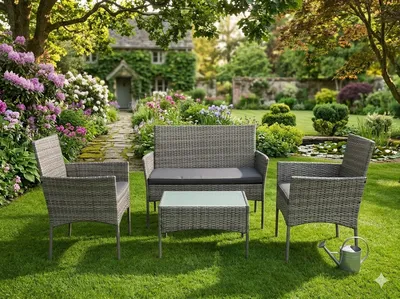 4-Piece Outdoor Patio Furniture Set with Cushions, Rattan Conversation Set, Garden Sofa Set with Table, Grey
