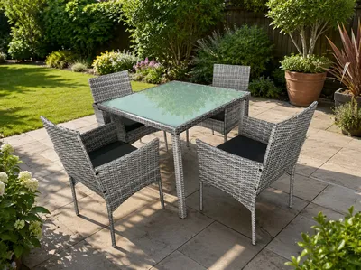 5-Piece Patio Dining Set with Glass Table & Wicker Chairs – Gray
