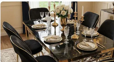 Black Dining Set — Extendable Black Top with Golden Metal Legs