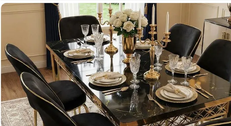 Black Dining Set — Extendable Black Top with Golden Metal Legs