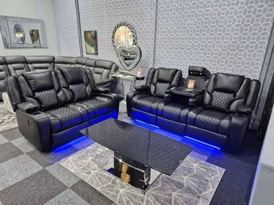 Luxury Black Leather Electric Recliner Sofa Set with LED Lights & Cup Holders – 2 & 3 Seater Cinema Style Couch