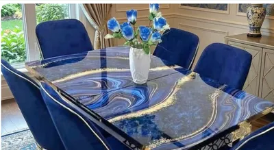 Blue Dining Set — Extendable Blue Agate-Effect Top with Golden Metal Legs