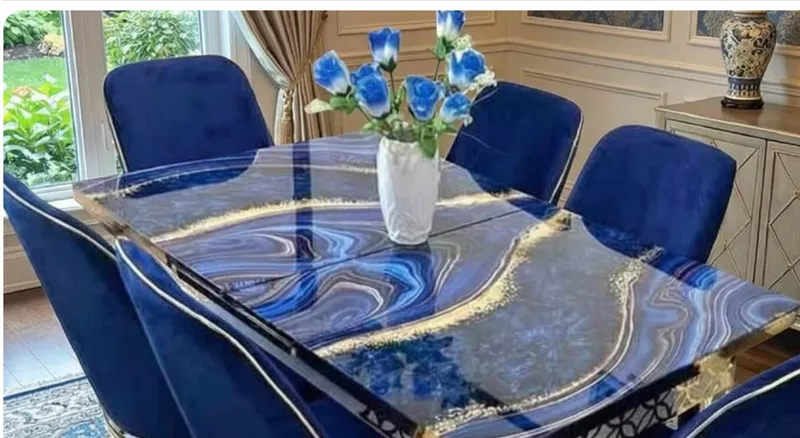 Blue Dining Set — Extendable Blue Agate-Effect Top with Golden Metal Legs