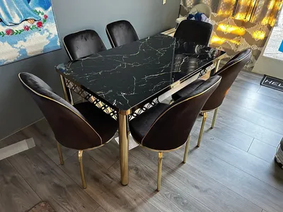 Extendable Dining Table & 6 Velvet Chairs Set — Black and Gold