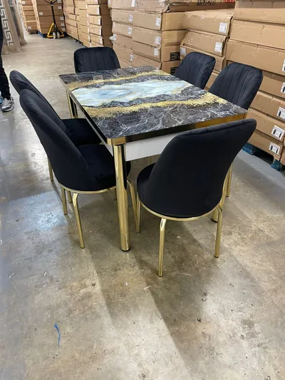 Extendable Dining Table & 6 Velvet Chairs Set — Black Sand