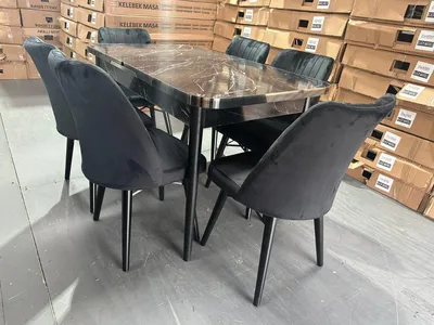 Extendable Dining Table & 6 Velvet Chairs Set — Black Wooden