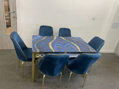 Extendable Dining Table & 6 Velvet Chairs Set — Blue and Gold