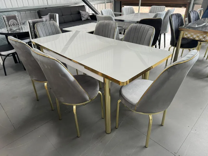 Extendable Dining Table & 6 Velvet Chairs Set — Grey and Gold