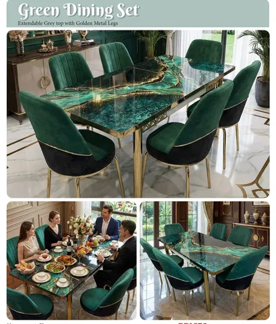 Extendable Marble-Effect Dining Table & 6 Velvet Chairs Set — Green