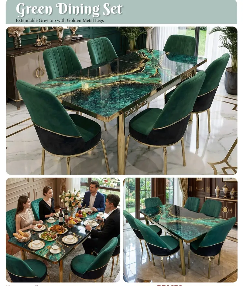 Extendable Marble-Effect Dining Table & 6 Velvet Chairs Set — Green