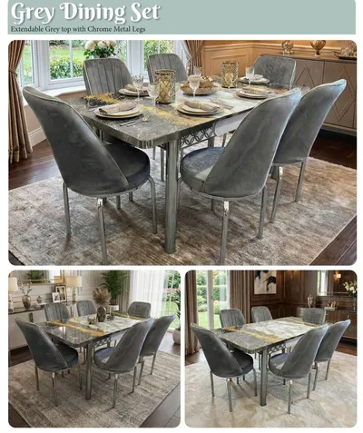 Extendable Marble-Effect Dining Table & 6 Velvet Chairs Set — Grey (Chrome Legs)