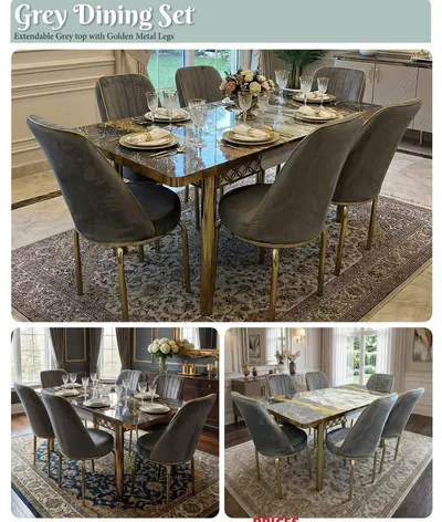 Extendable Marble-Effect Dining Table & 6 Velvet Chairs Set — Grey (Golden Legs)