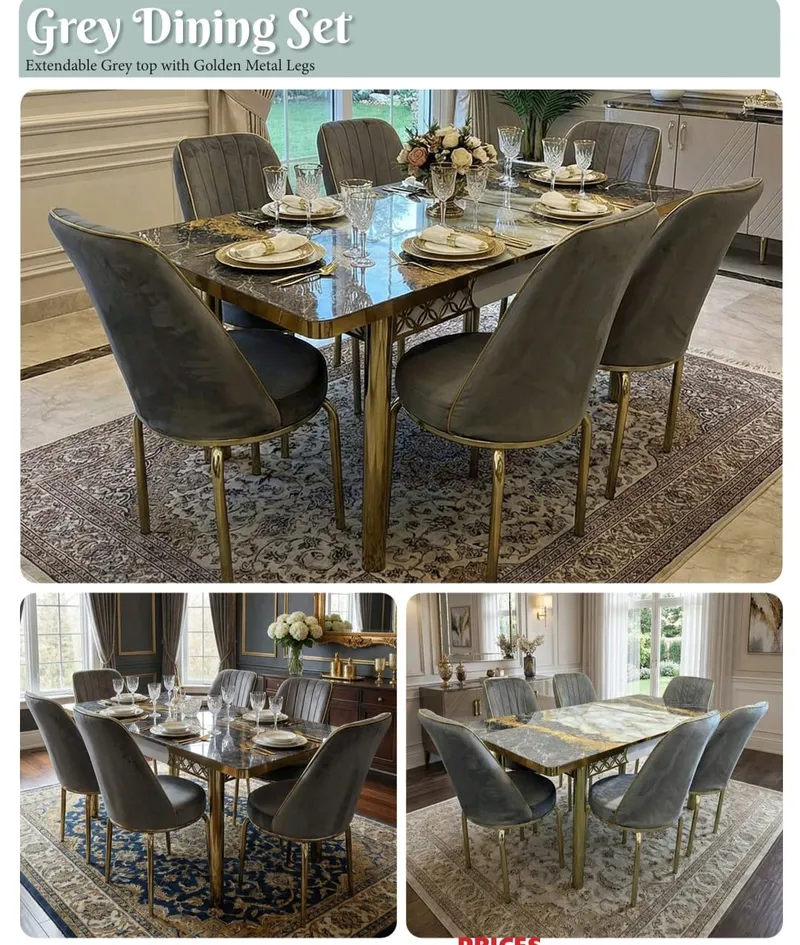 Extendable Marble-Effect Dining Table & 6 Velvet Chairs Set — Grey (Golden Legs)