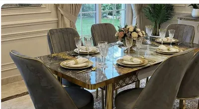 Grey Dining Set — Extendable Grey Top with Golden Metal Legs