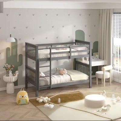Solid Wooden Double Kids Bunk Bed Frame with 2 Mattresses – Space Saving, Convertible & Safe Design, view 5