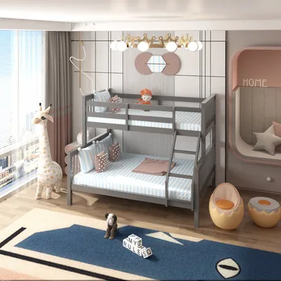 Solid Wooden Detachable Trio Bunk Bed with 2 Mattresses – Space Saving, Convertible Design, view 2