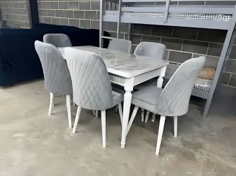 Wooden Dining Table — Bermuda Grey Marble, White Legs