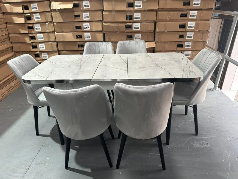 Wooden Dining Table — Calcutta Grey Marble, Steel Legs