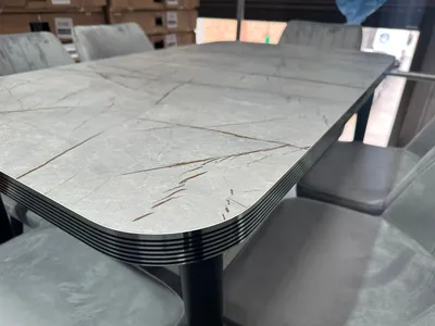 Wooden Dining Table — Calcutta Grey Marble, Steel Legs, view 2