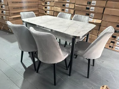 Wooden Dining Table — Calcutta Grey Marble, Steel Legs, view 3