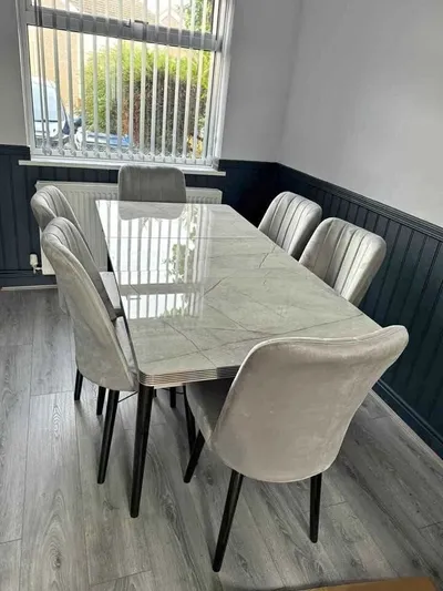 Wooden Dining Table — Calcutta Grey Marble, Steel Legs, view 4
