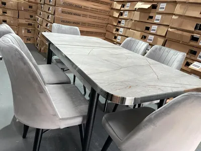 Wooden Dining Table — Calcutta Grey Marble, Steel Legs, view 5